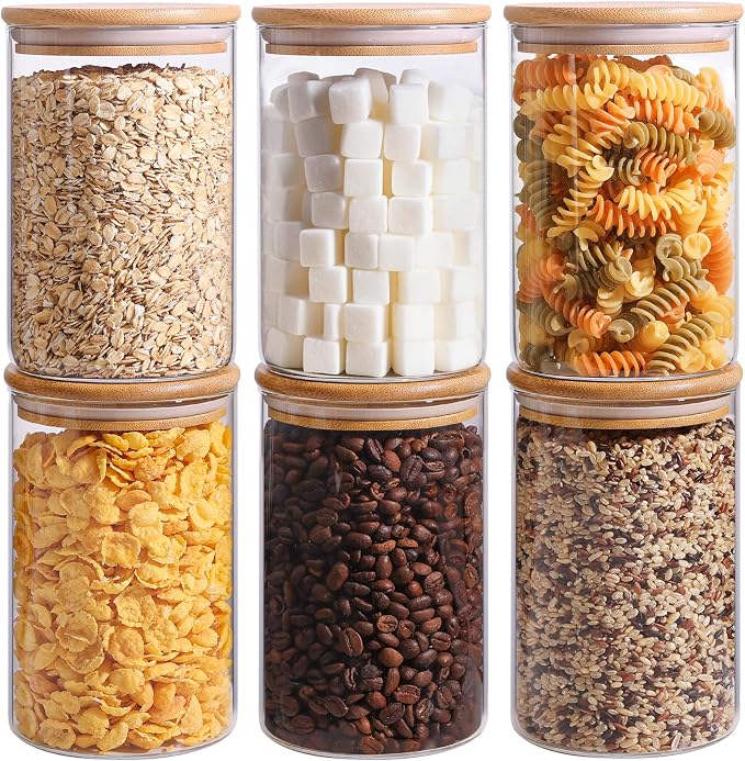 ComSaf Glass Storage Containers wtih Lids 1 Qt, Set of 6 Food Storage Jars | Round Glass Jars With Bamboo Lids, Kitchen Canisters 32oz, Pantry Organizers, Tea, Spice, Coffee, Dry Food Storage, BPA Free