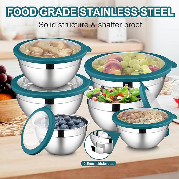 LIANYU 6 PCS Stainless Steel Mixing Bowls, Large 7, 3.5, 2.5, 2, 1.5, 1QT | Deep Metal Nesting Bowls, Kitchen Serving Bowls with Visible Lid, Ideal for Baking Cooking Prepping Food Storage, Dark Blue