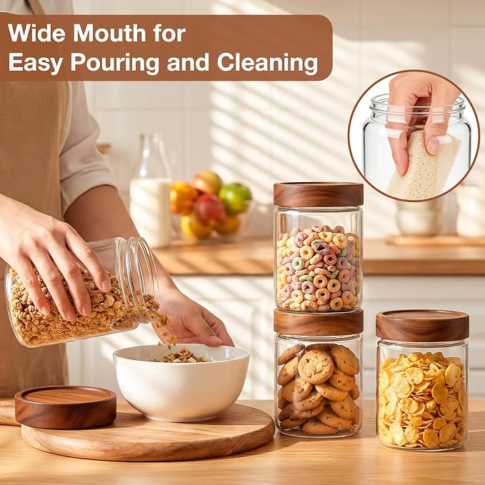 CONNOO 6Pcs- 28 oz Glass Jars with Wooden Lids | Pantry Containers with Wide Mouth Design, Store Rolled Oats, Coffee & Dry Foods, Includes 120 Waterproof Labels