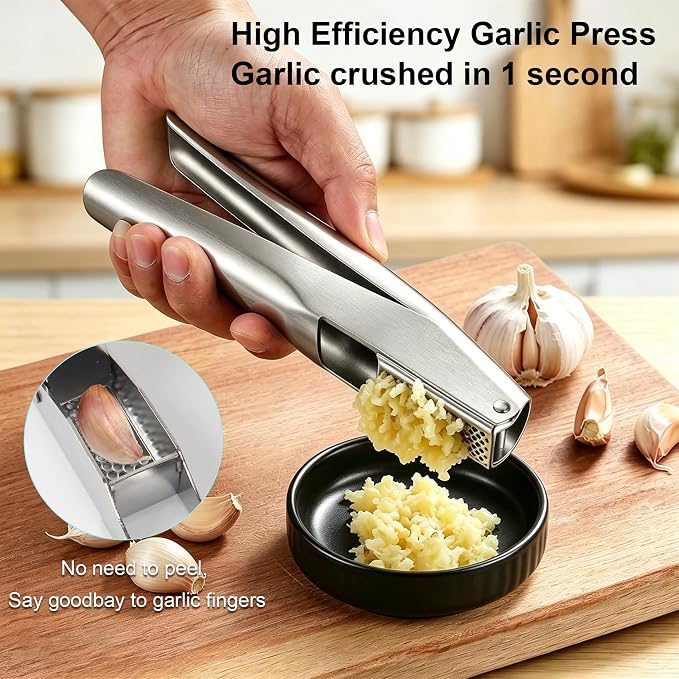 Garlic Press Stainless Steel, Garlic Mincer & Crusher with Peeler Tube and Cleaning Brush, Large Capacity Ergonomic Handle, No Need to Peel, Dishwasher Safe Garlic Press with Built-in Bottle Opener