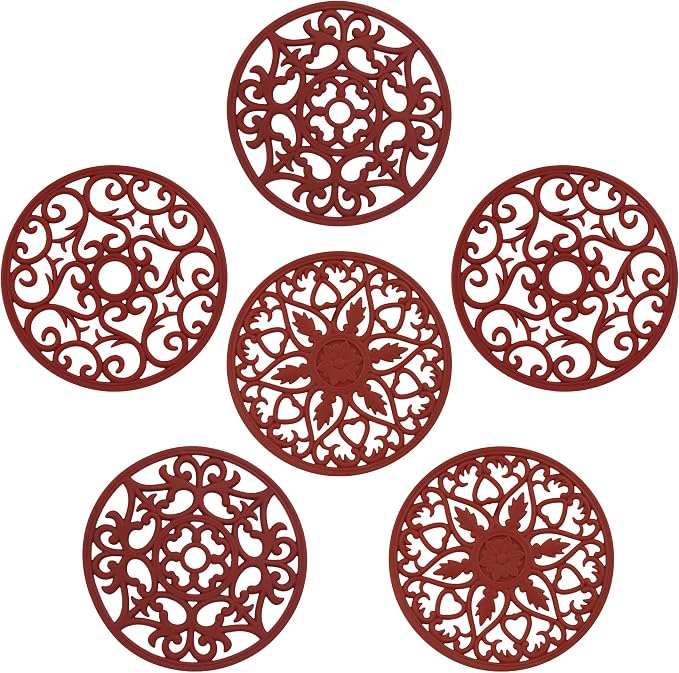 Trivets for Hot Dishes, Silicone Trivet Hot Pads for Kitchen Tabletops, Silicone Trivets for Hot Pots and Pans on Countertops, Round Heat Resistant Mat for Pot Holder Set of 6 Burgundy