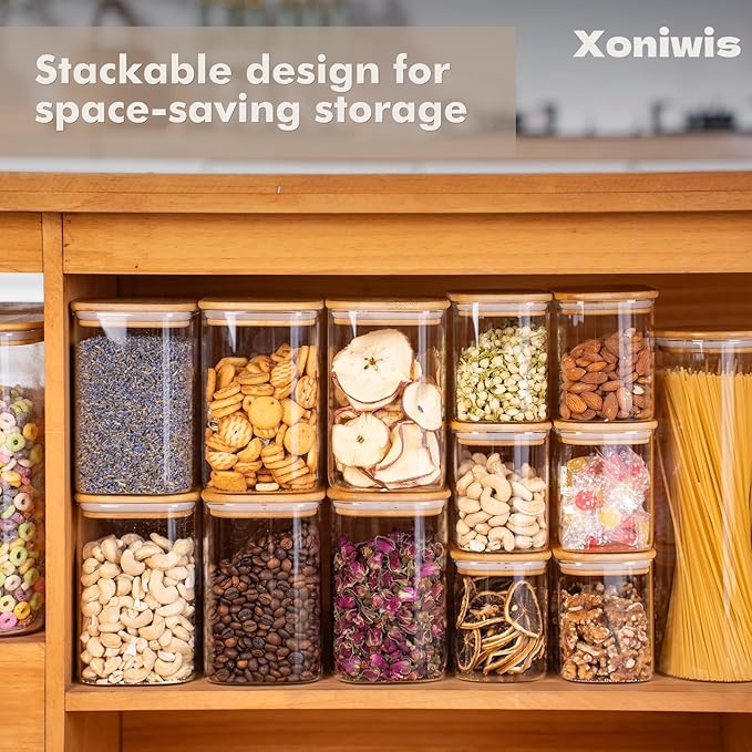 3-Pack 1.6Qt Square Glass Storage Jars with Bamboo Lids | Minimalist Kitchen Organizer,Pantry Storage Container,Food Storage Container,Scandinavian Style Storage,Nordic Style Storage