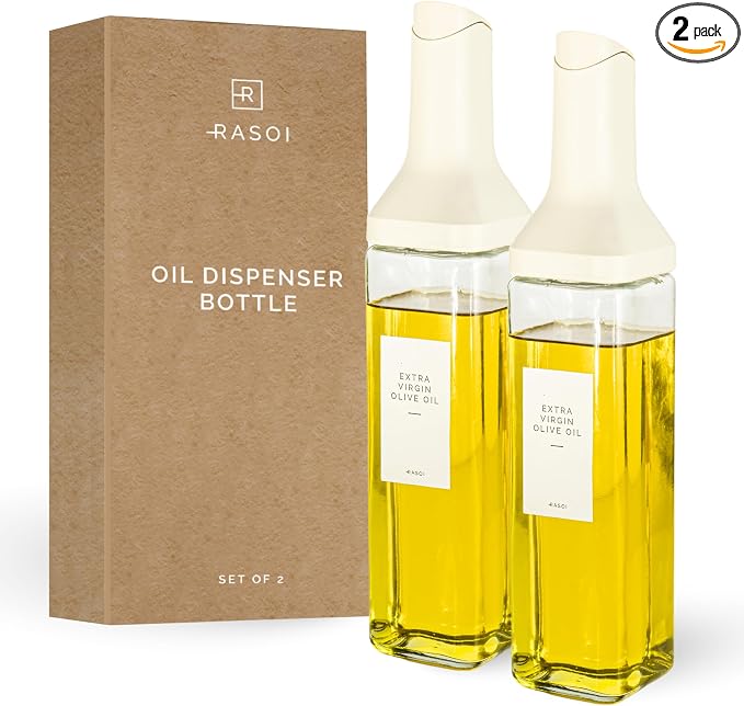 Oil Dispenser Bottle – Set of 2 17oz/500ml Oil and Vinegar Dispenser - Drip-Free Spout Glass Oil Dispenser – Kitchen Oil Dispenser with Automatic Pouring Lid - Olive Oil Bottle for Cooking