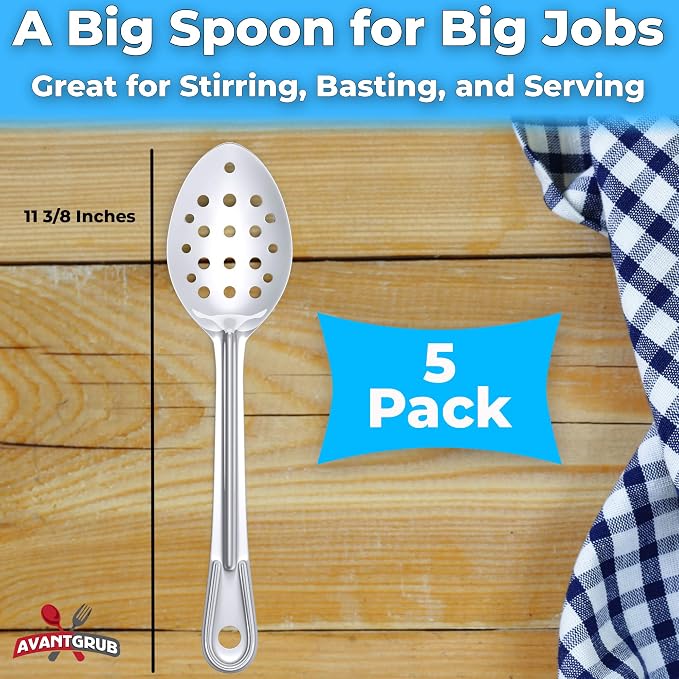 Super Strong, Ergonomic 11 in Serving Spoon 5 Pk. Big, Perforated Stainless Steel Spoons for Cooking, Baking and Basting. Best Kitchen Flatware for Buffet and Banquet Service in Restaurants and Homes