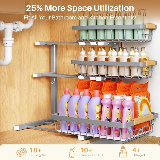 PXRACK Under Sink Organizer, 1-Pack 3-Tier Height Adjustable Thickened Metal Pull out Cabinet Organizer Shelf, Slide out Storage Drawer Rack for Bathroom Kitchen Pantry Home Organization, Grey