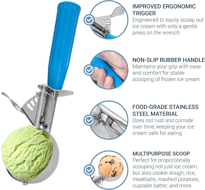 Meadow Lane Trigger Scoop - #24 Size (2-in Diameter) 2.7 Tbsp Capacity, Stainless Steel, Portion Control, Ice-cream & Cookie Dough Scoop, Blue