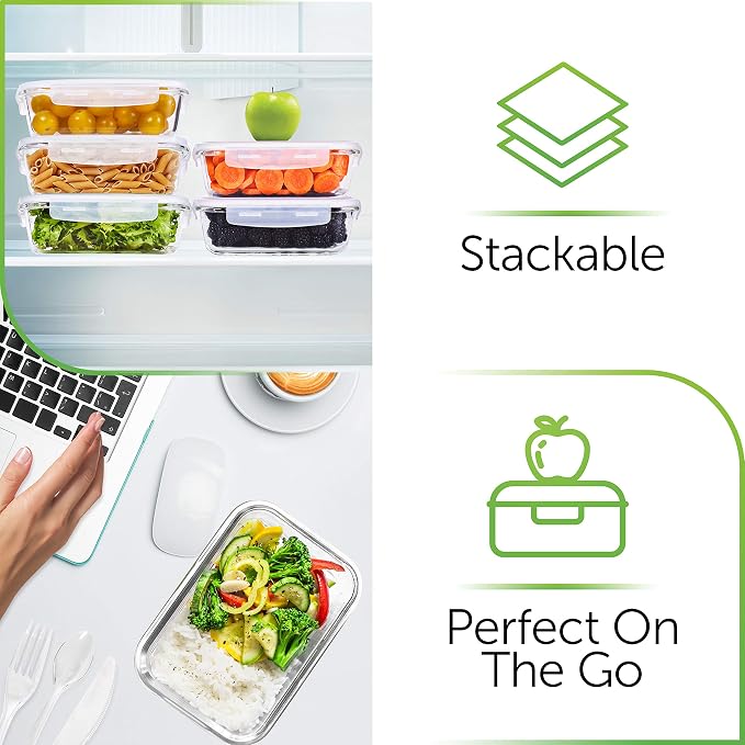 PrepNaturals 8 Pack 36oz Glass Meal Prep Containers - 1 Compartment | Square Borosilicate Glass Meal Prep Containers - Airtight Leak-Resistant Lids, Microwave, Oven & Freezer Safe (8-Pack, 36 oz)