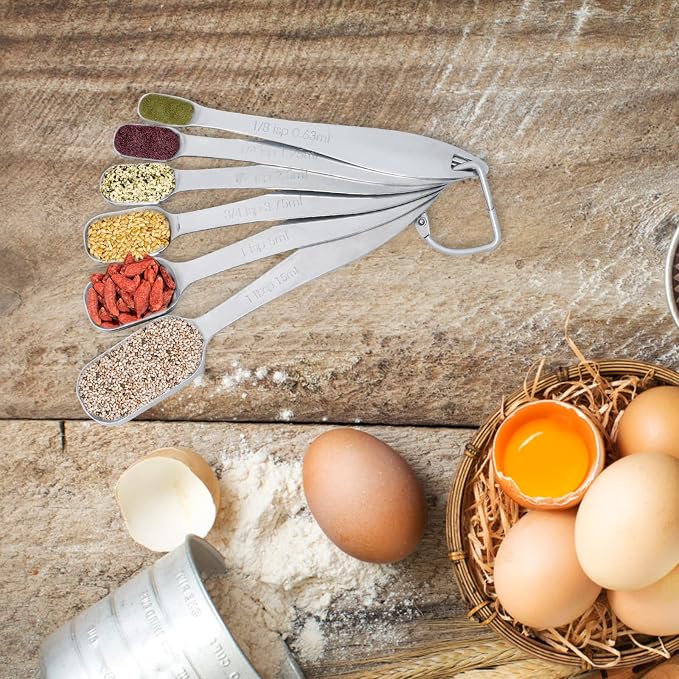 6 Piece Stainless Steel Measuring Spoons, Stackable Measuring Spoons Set, Scale Spoon, Metal Weighing Spoon for Baking, Measuring Tools, Cooking, Cups (Rectangle)