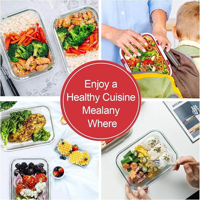 VERONES 10 PACK 22 OZ Glass Meal Prep Containers Set with Lids, Red | Airtight Glass Lunch Containers Set, Glass Food Storage Containers, for Microwave, Oven, Freezer & Dishwasher Friendly