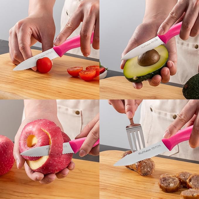 Stainless Steel Paring Knife With Serrated Blade, 6 Pieces Set Vegetable and Fruit Knife, Ultra Sharp Small Kitchen Knife, Rosy Paring Knives with PP Plastic Ergonomic Handle.