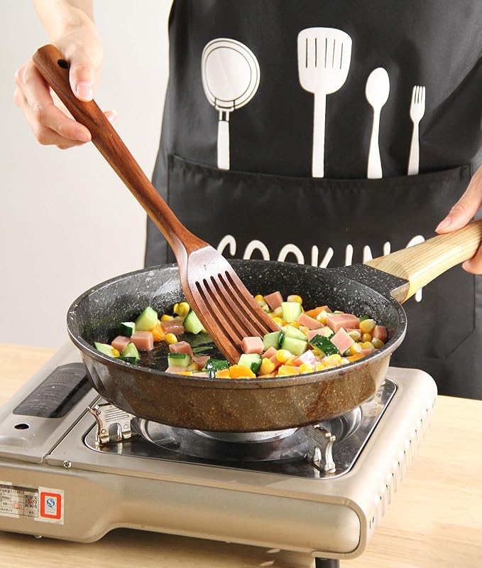 Wooden Kitchen Utensils set, 7Pcs Wooden Spoons for cooking Natural Teak Wood Kitchen Spatula Set for Cooking including Spoon Ladle Fork