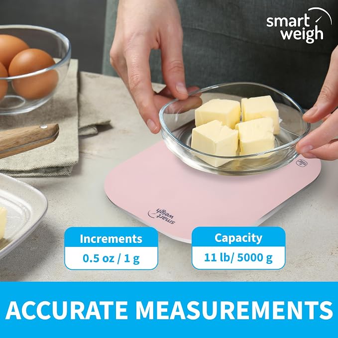 Food Scale, 11lb Pink Compact Digital Kitchen Weighing Scale with LCD Tare, 1g/0.1oz Precision, Grams and Ounces for Baking, Cooking, Calorie Tracking, Meal Prep and Weight Loss - Smart Weigh