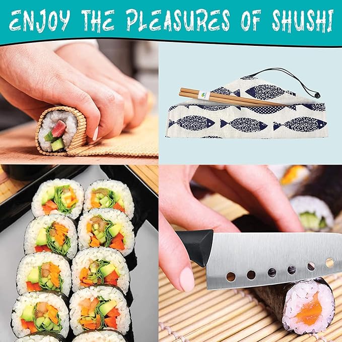 SmileTools Sushi Making Kit For Beginners - 22 Piece DIY Sushi Roller Kit with Bamboo Sushi Rolling Mat, Sushi Bazooka, Chef's Knife, Chopsticks, Holder - Best Starter Sushi Kit (Pink)
