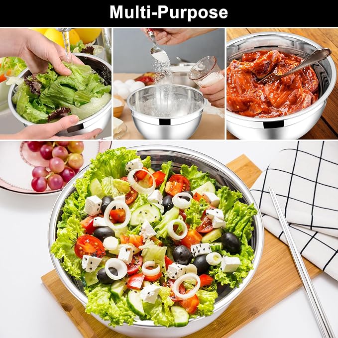 E-far Mixing Bowls with Lids, 6-Piece Stainless Steel Salad Bowls Metal Nesting Bowls for Baking Cooking and Prepping, Airtight Lids & Stackable Design, Size 4.5, 3, 1.5 QT (Black)