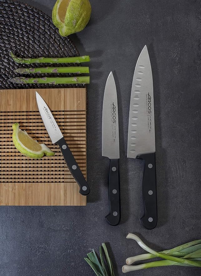 Arcos Knife Set 3 pieces Nitrum Stainless Steel. Professional Kitchen Knives for Cooking. Ergonomic Polyoxymethylene POM Handle. Series Universal. Black Color