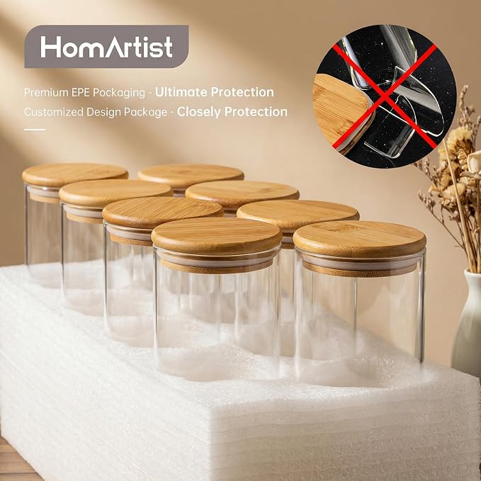 Round Glass Storage Containers with Bamboo Lids for Pasta & Flour, 5 Pack | Airtight Pantry Jar for Flour, Sugar & Rice, Durable Borosilicate Glass Canisters Keep Food Dry & Fresh, Easy to Fill & Clean