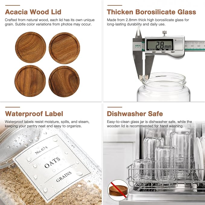 CONNOO 40oz Airtight Glass Storage Containers with Wood Lids (3-Pack) | Airtight Pantry Containers, Keep Pasta, Cereal & Dry Foods Fresh, Includes 120 Labels for Easy Kitchen Organization