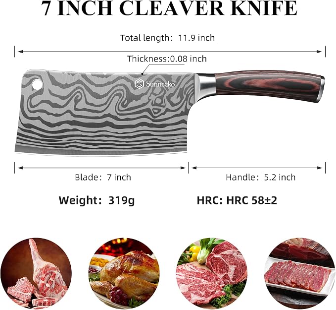 Sunnecko 7” Cleaver Knife, 12° Edge High Carbon Steel Meat Cleaver with Pakkawood Handle, Multipurpose Chef Knife for Meat Cutting&Vegetable, Butcher Knife with Sheath, Premium Gift for Cooks