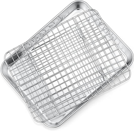 P&P CHEF 9 Inch Toaster Oven Pan Tray with Wire Rack, 2 PCS | Baking Sheet Pan + Cooling Rack for Cooking/Roasting, Dishwasher Safe & Rust Free, Non-toxic & Sturdy