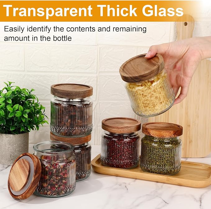 6 Pcs 500ml/17 oz Vintage Glass Jars with Wood Lids | Airtight Ribbed Containers, Wood Lids for Coffee Beans Tea Sugar Flour Spices, Stackable Pantry Countertop Storage Organizer