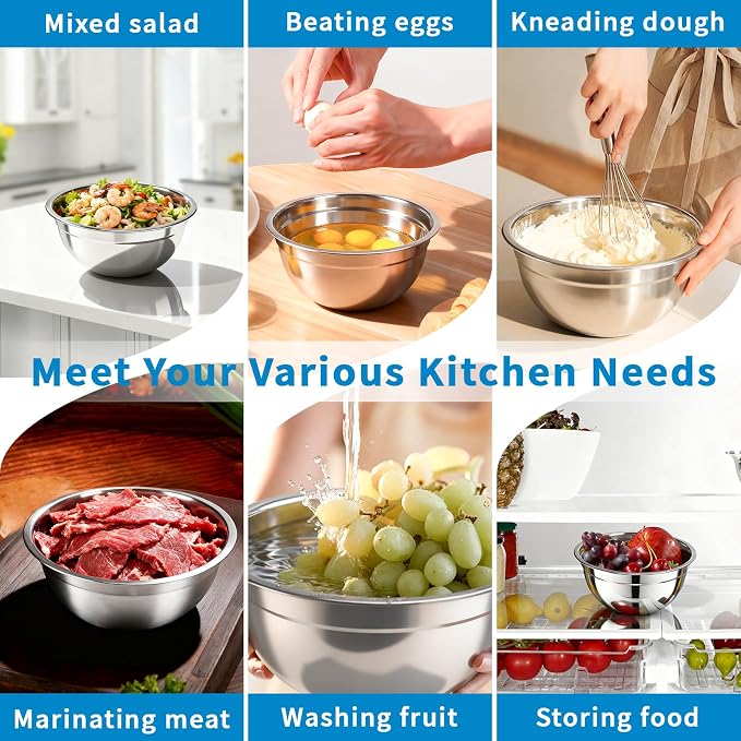Stainless Steel Mixing Bowls with Lids, 7-Piece Nesting Bowl Set | 0.7,1.1, 1.5, 2.1, 3.5, 4, 4.5 QT stackable stainless steel mixing bowls for baking, food prep, serving and storage