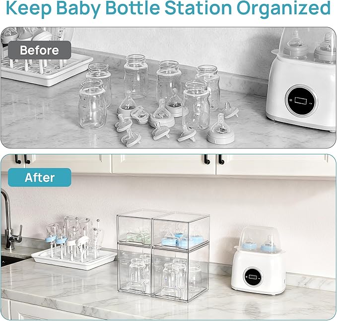 Vtopmart Clear Stackable Storage Drawers Set of 4, Baby Bottle Organizer | Multi-purpose Plastic Boxes Ideal for Kichen Countertop, Vanity, Bathroom, Cabinet, Pantry Organization