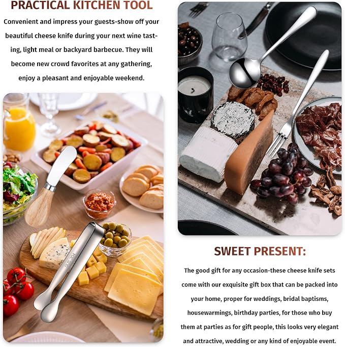 Cheese Butter Spreader Knives Set Charcuterie Accessories Stainless Steel Spreader Knives with Wooden Handles Charcuterie Boards Utensils Mini Serving Tongs Spoons and Forks (Silver,21 Pieces)