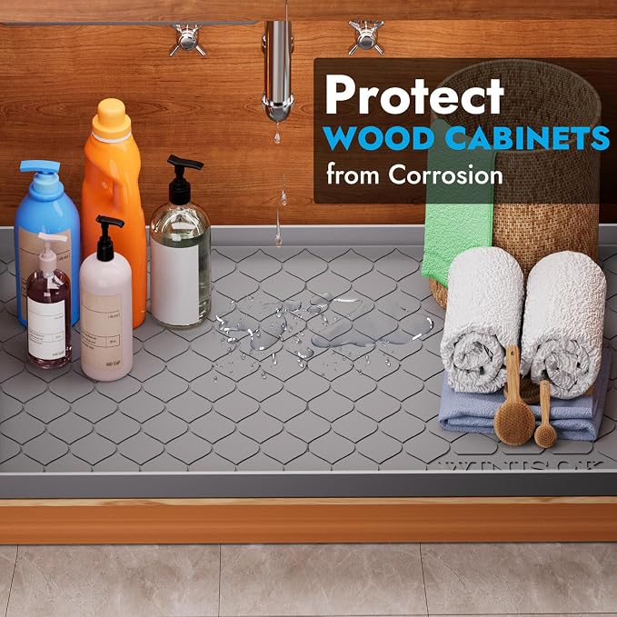 Winisok Waterproof Under Sink Mat 28" x 19", Silicone Mat, Black | Raised Edge Traps Spills & Leaks, Shelf Liner, Cabinet Protector, for Kitchen, Bathroom, Boots, Pets, Home Essentials