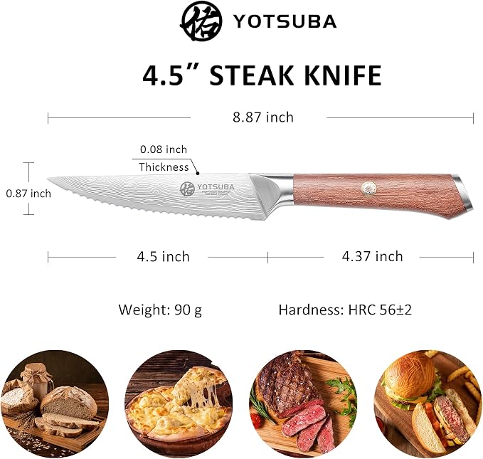 YOTSUBA Steak Knives Set of 6, Razor-Sharp 4.5 Inch Japanese Serrated Steak Knife Set, Full Tang Forged High Carbon Steel Dinner Knives with Ergonomic Handle and Gift Box