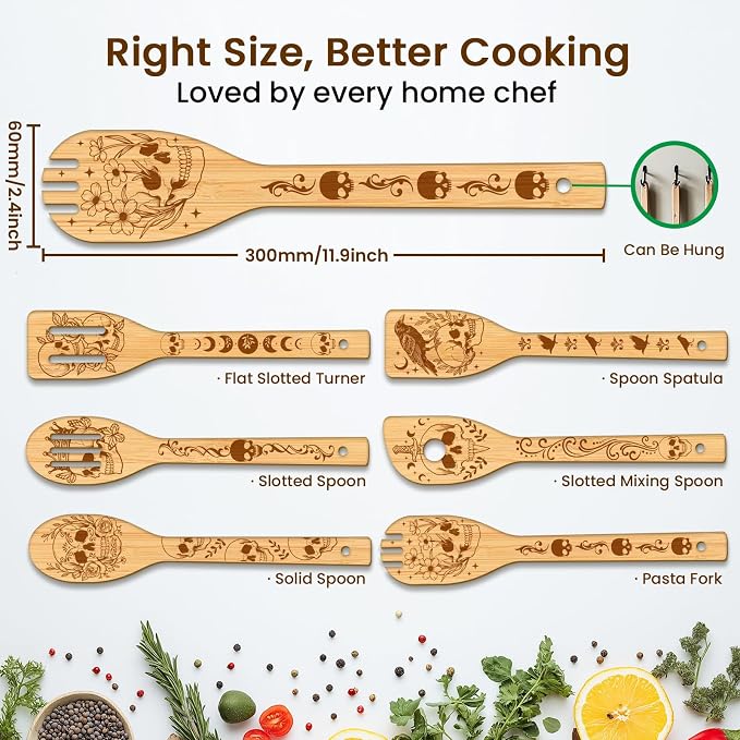 CUTHOLLOW 6PCS Skull Crow Wooden Kitchen Cooking Utensil Set, 11.9in Non Toxic Bamboo Wood Spoon Set for Cooking, Best Housewarming Halloween Decor Gift for Women Mother