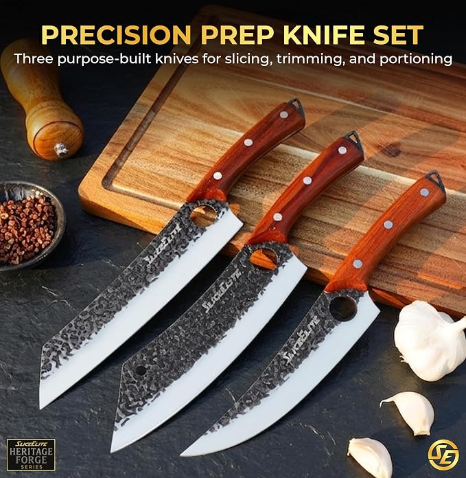 SliceElite Hand-Forged Professional Butcher Knife (3 PC PREP KNIFE SET W/SANDSLWOOD HANDLES)