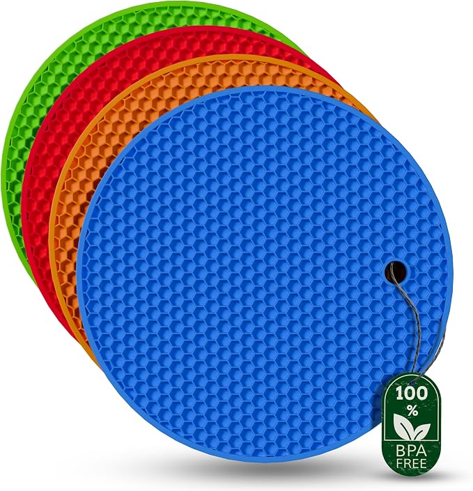 4 Pcs Thick Multicolored Trivets for Hot Dishes, Non Slip Hot Pot Holders, Kitchen Heat Resistant Silicone Pad, Extra Thick, Large.