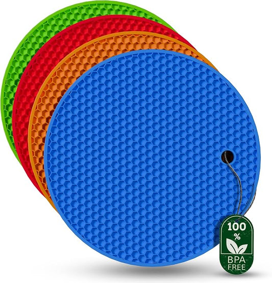 4 Pcs Thick Multicolored Trivets for Hot Dishes, Non Slip Hot Pot Holders, Kitchen Heat Resistant Silicone Pad, Extra Thick, Large.