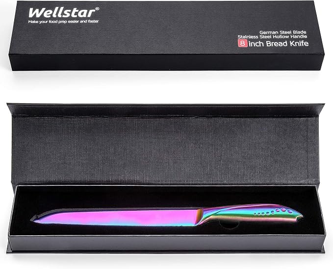WELLSTAR Bread Knife 8 Inch, Serrated Bread Cutter, Ultra Sharp German Stainless Steel Blade and Comfortable Handle with Rainbow Titanium Coated for Slicing Breads Loaves Bagel Cake and Large Fruit