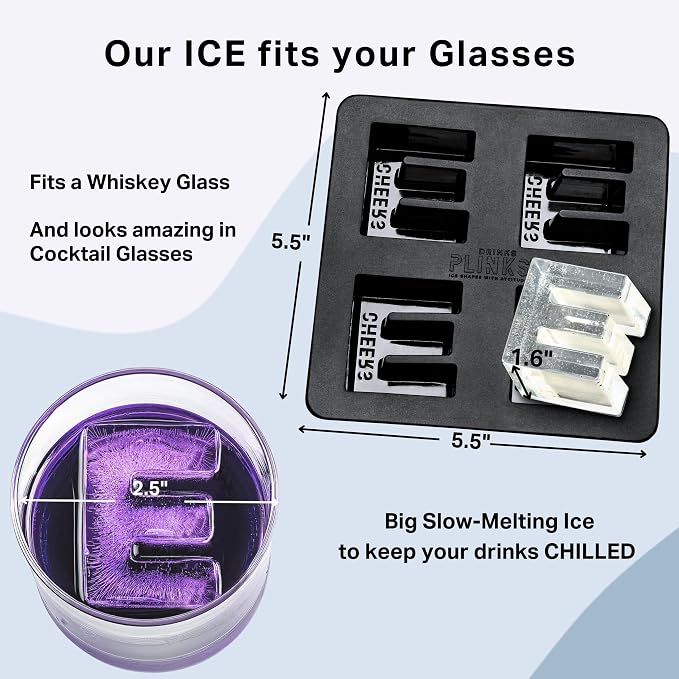 DRINKSPLINKS Custom Letter E Ice Cube Molds. Monogram Ice Cube Mold with Initials. Large Monogrammed Silicone Trays for Bourbon, Whiskey and Cocktails. Fun, Customized Gifts for Men and Women.