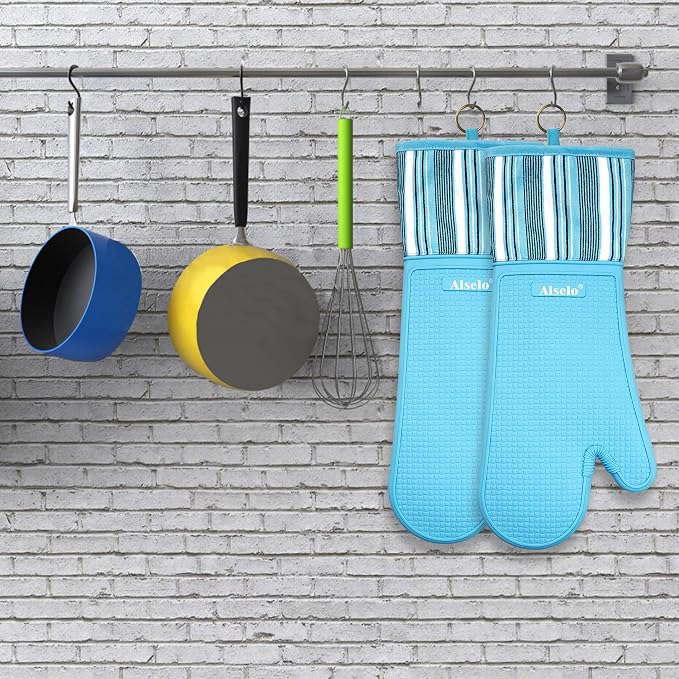 Alselo Oven Mitts Heat Resistant Silicone Kitchen Gloves for 550 Degrees with Waterproof and Non-Silp, Oven Gloves for Baking Cooking Barbecue Microwave Machine Washable (2, Extra Long Sapphire)