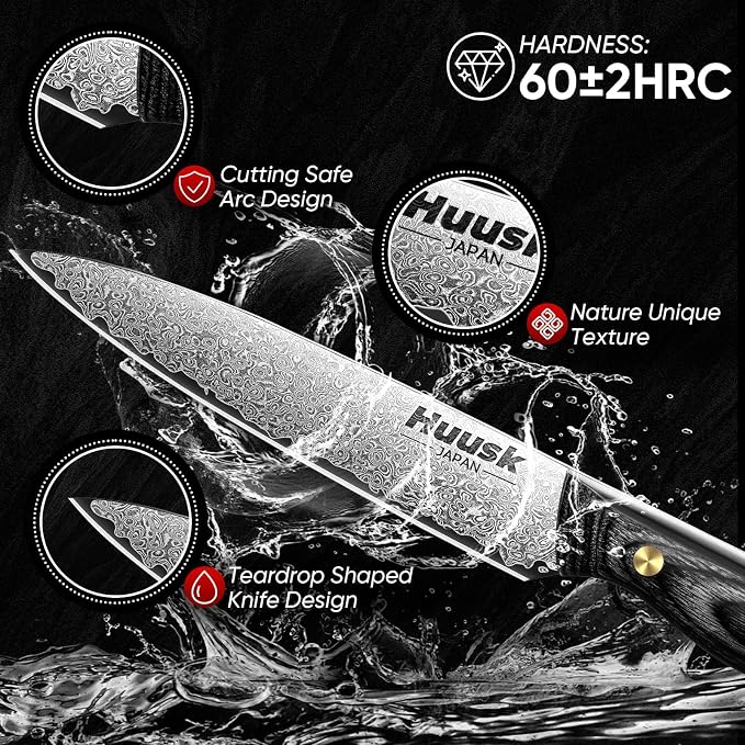Huusk Damascus Kitchen Utility Knife, Japanes VG10 Small Chef Knives 5 inch with Ergonomic Wooden Handle, Versatile Knife for Vegetable Fruit Meat, Christmas Gift for Men and Women