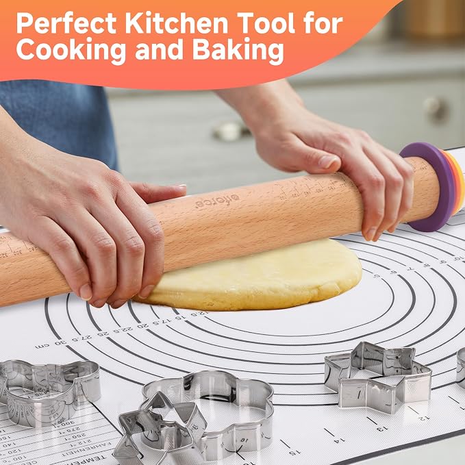 13.6" Adjustable Wooden Rolling Pin with 4 Thickness Rings & Cookie Molds | Olforce 2-10mm / 1/16"-3/8" Dough Thickness Control Roller for Pizza, Cookie, Bread & Pie Crusts