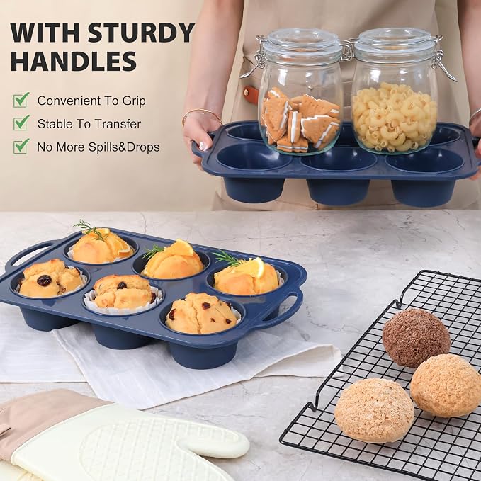 Jumbo Silicone Muffin Pan with Frame, Non Stick Large Cupcake Baking Tin | Silicone Cupcake Pan with Handles 6 Cup, BPA Free Silicon Muffin Tin Tray Extra Large for Baking Egg Bites Mold Vnray Grey