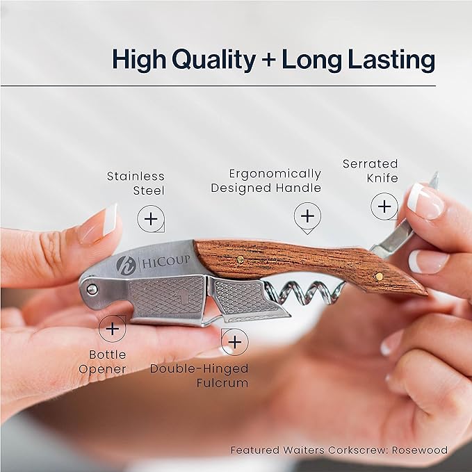 Hicoup Wine Opener - Professional Corkscrews for Wine Bottles w/Foil Cutter and Cap Remover - Manual Wine Key for Servers, Waiters, Bartenders and Home Use - Wood, Bai Ying
