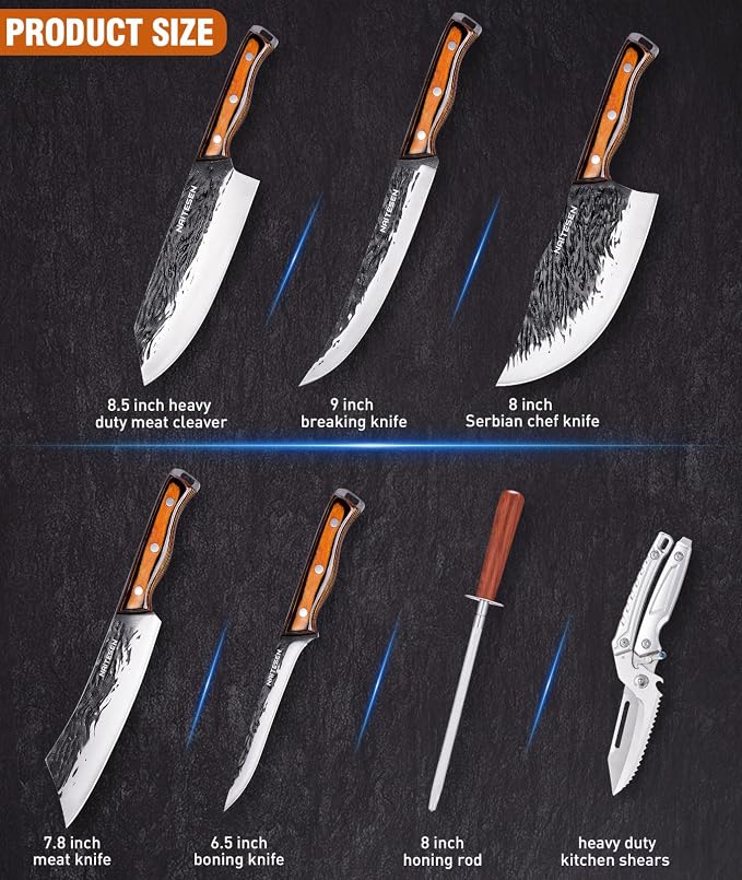 Naitesen 7PCS Butcher Knife and Kitchen Knife with Roll Bag | Hand Forged Heavy Duty Meat Cleaver Serbian Chef Knife Breaking Knife Boning Knife for Meat Cutting BBQ Gifts for Men Women