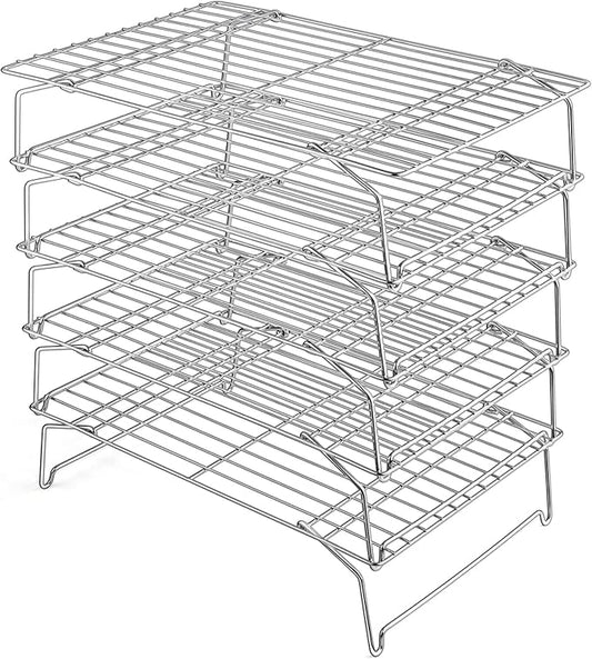 Leonyo 5-Tier 15x10IN Stackable Cooling Racks for Cooking Baking | Stainless Steel Wire Cooking Racks, Collapsible Cookies Cooling Racks for Pizza with Raised Legs, Dishwasher Safe