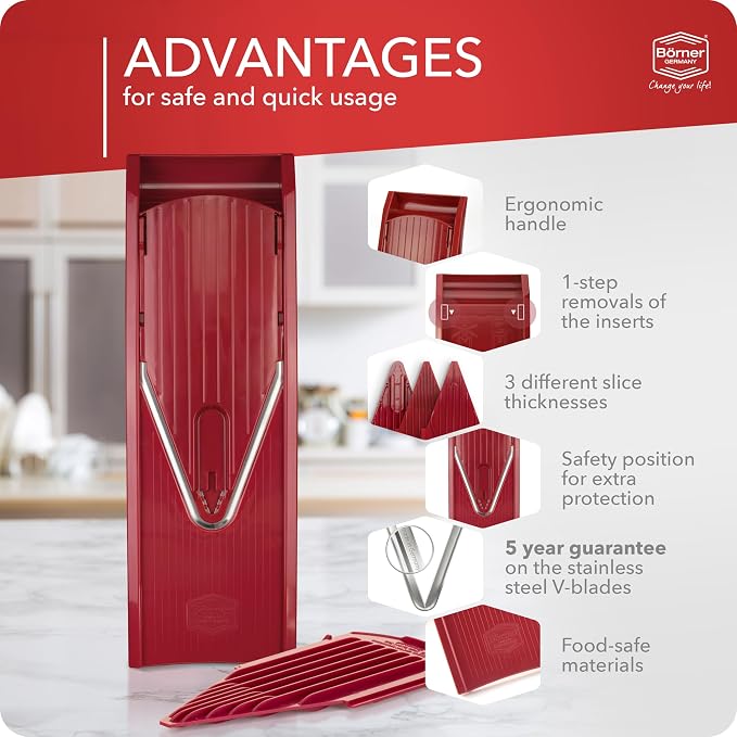 Börner Mandoline Slicer V1 (Basis Set) • V-Slicer with 2 Inserts & Fruit Holder • Adjustable Kitchen Slicer for Vegetables & Fruits • Vegetable Cutter • 3 Thickness Settings • Color: Red