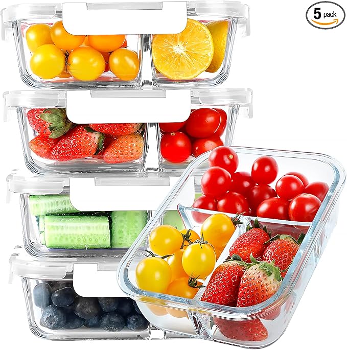 Glass Meal Prep Containers 3 Compartments, 5 Pack 36 oz, White | Glass Food Storage Containers with Lids, Airtight Lunch Bento Box, Portion Control, Freezer and Microwave Safe