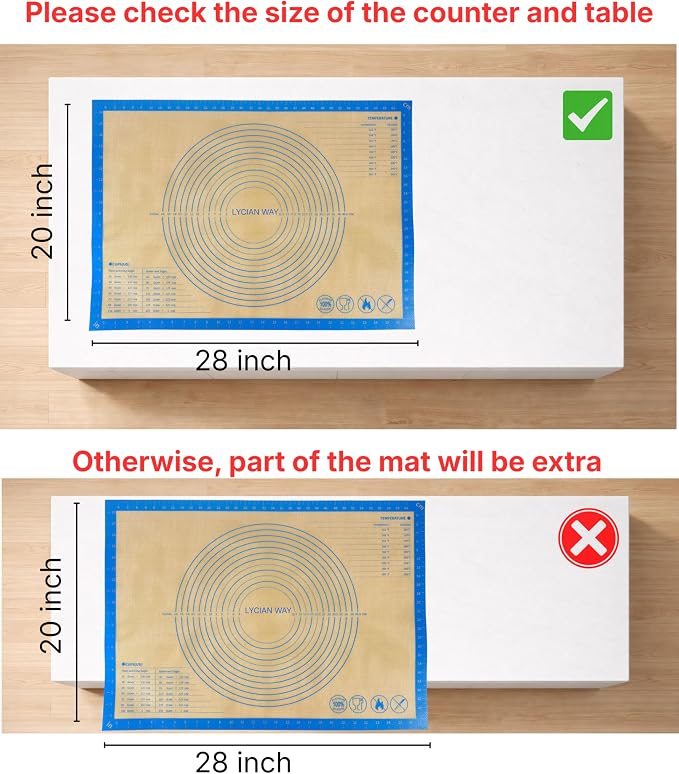 Silicone Pastry Mat with Measurements, 28 x 20 Inch Extra Thick Non-Slip Nonstick XL Baking Mat for Dough Rolling, Kneading, Fondant and Pie, Blue