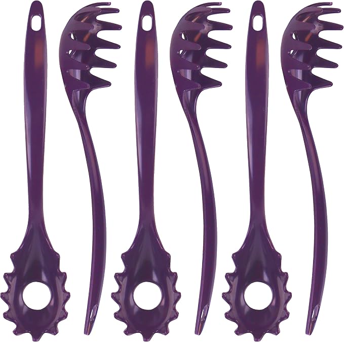 Spaghetti Spoon, Pasta Server, Fork with Ergonomic Handle, Heat Resistant, BPA Free,11.5 inch Melamine Utensil by Reston Lloyd, 6 piece set, Plum