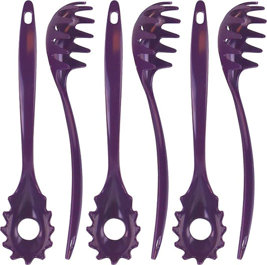 Spaghetti Spoon, Pasta Server, Fork with Ergonomic Handle, Heat Resistant, BPA Free,11.5 inch Melamine Utensil by Reston Lloyd, 6 piece set, Plum