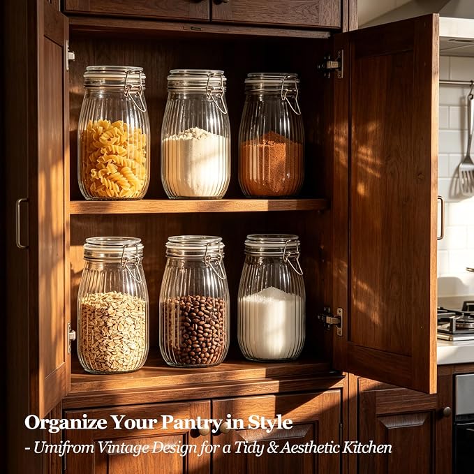 ComSaf Large Ribbed Glass Jars with Airtight Lids 51 oz 3 Pack Wide Mouth | Flour sugar coffee beans, Fermenting pickling, Farmhouse pantry decor, Countertop decor, Large capacity, Vintage Canisters