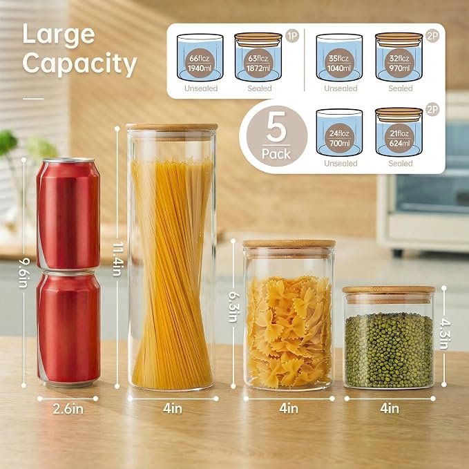 Round Glass Storage Containers with Bamboo Lids for Pasta & Flour, 5 Pack | Airtight Pantry Jar for Flour, Sugar & Rice, Durable Borosilicate Glass Canisters Keep Food Dry & Fresh, Easy to Fill & Clean