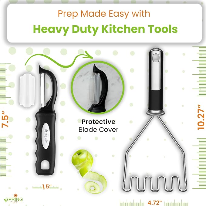Spring Chef Stainless Steel Premium Vegetable Peeler with Potato Masher, Soft Grip Handle Metal Food Peeler and Masher for Fruit & Vegetables